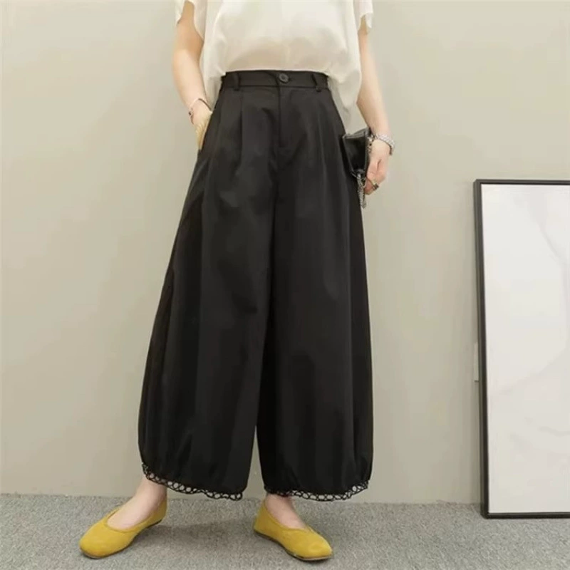 Широкие брюки с девятью точками, свободные прямые шаровары-фонарики из хлопка и льна, новые летние черно-белые кружевные брюки с высокой талией.
