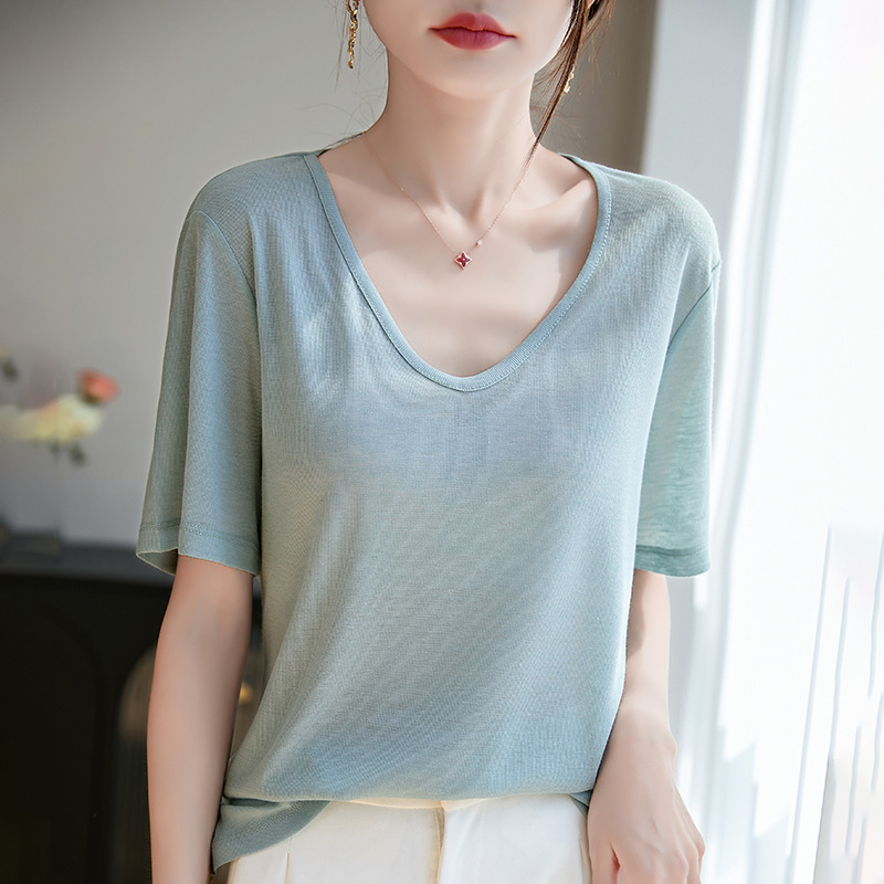 2026 Spring New Style Tencel Lyocell V-Neck Knitwear Short-Sleeved T-Shirt Pure Color Thin Pullover Bottoming Shirt for Women 2026 Spring New Style Tencel Lyocell V-Neck Knitwear Short-Sleeved T-Shirt Pure Color Thin Pullover Bottoming Shirt for Women