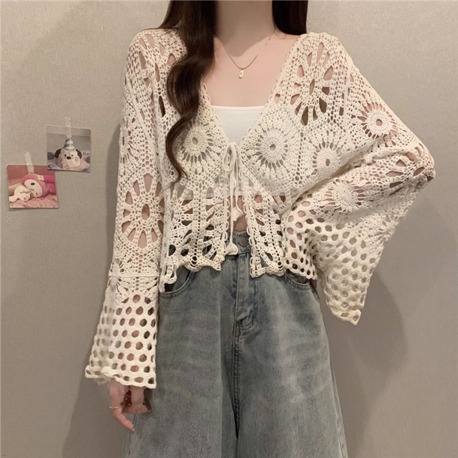 Crochet Hollow-Out Knit Sun Protection Shirt for Women, Summer Thin Bohemian Versatile Long-Sleeved Short Knit Top for Women