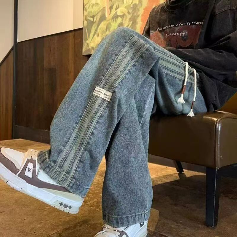 Teenager Pants Men's Trendy Elastoelastic Waist Jeans Men's Spring and Autumn Loose Straight Wide Leg High Street American Style Pants
