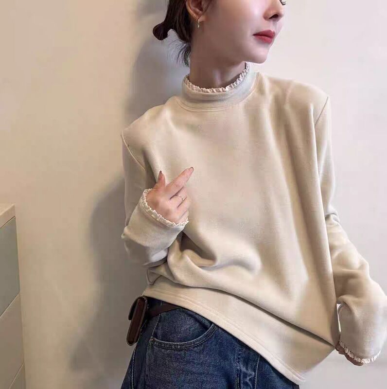 Factory Direct Sales European Goods 25 Winter Double-Sided Velvet Half Turtleneck Lace Splicing Long-Sleeved Warm Velvet Bottoming Shirt T-Shirt