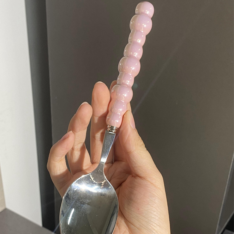 Ceramic Handle Stainless Steel Round Soup Spoon For Home Dining_voghion.com