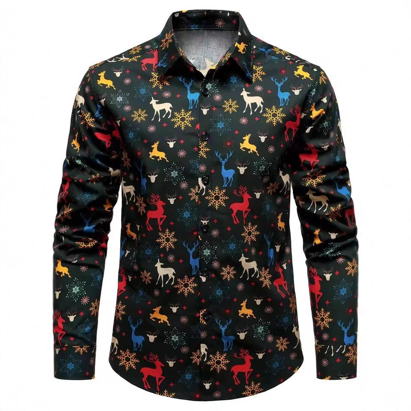 Men's Aliexpress Long Sleeve Christmas Shirt 2025 Christmas Elk Print Breathable Outdoor Holiday Lapel T-Shirt