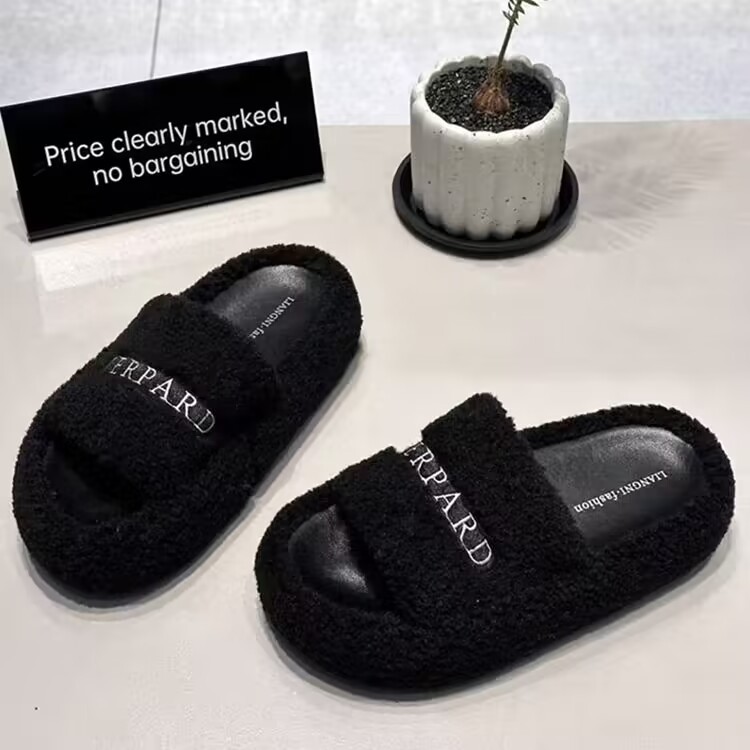 Papuci din lână de miel pentru femei, îmbrăcăminte exterioară de toamnă și iarnă, stil nou, casual, versatil, pentru casă, papuci din blană neagră brodați, cu talpă groasă_voghion.com