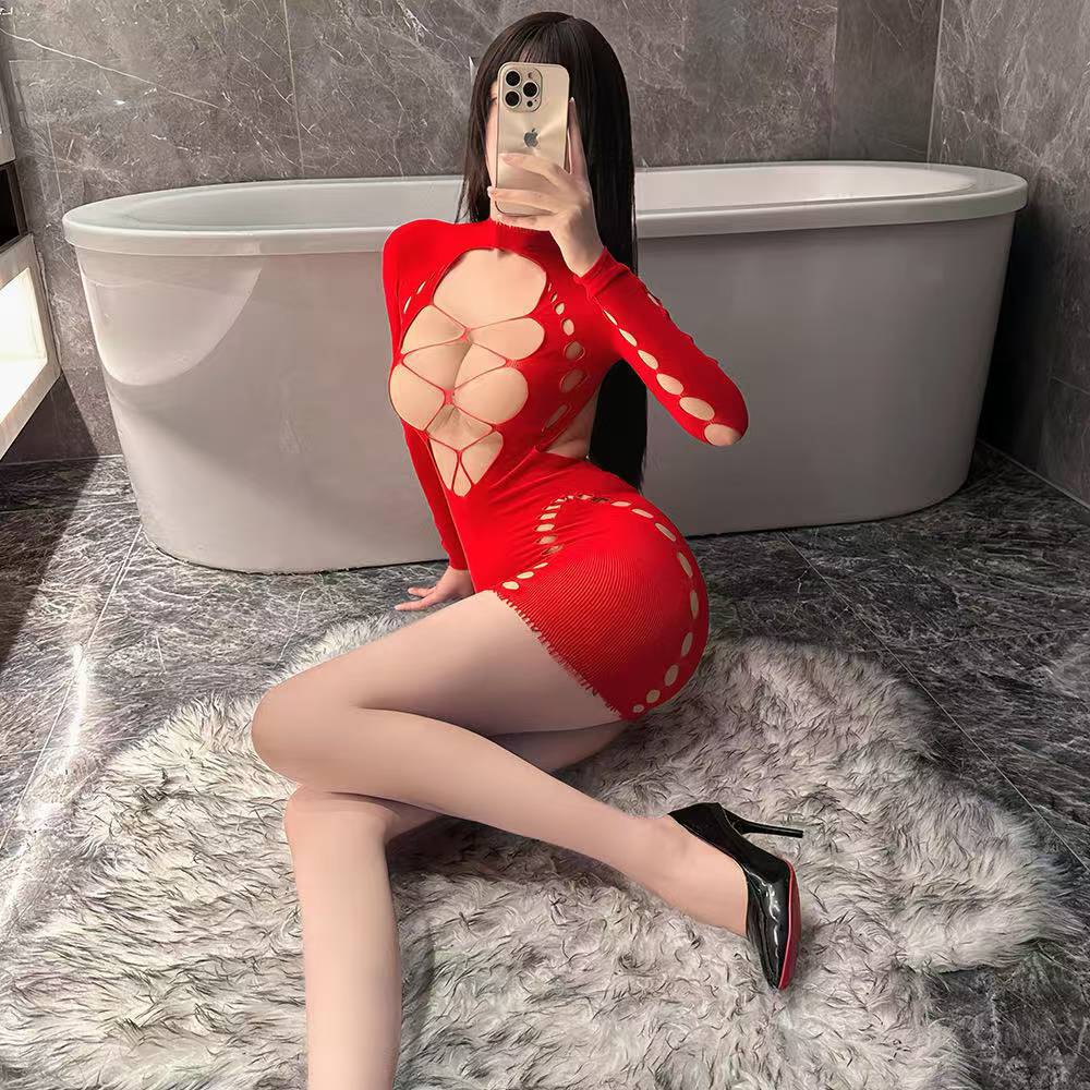 Women’s Long-Sleeve Fishnet Mesh Bodystocking Dress, See-Through Backless One-Piece, Red One Size — detail image 4