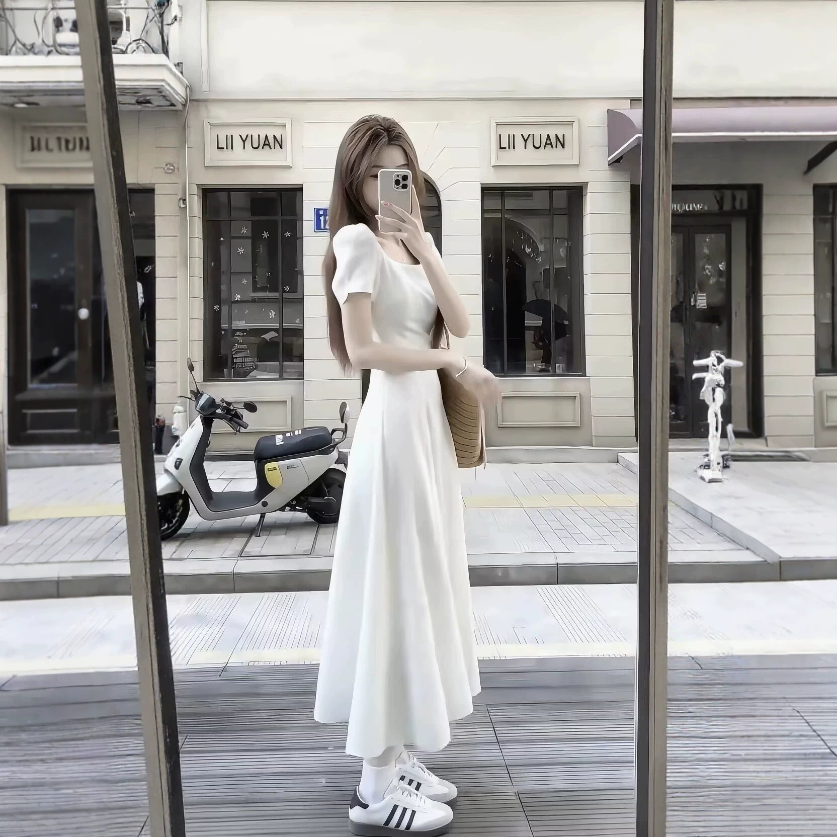 Váy dài nữ cổ vuông thắt eo tay ngắn kiểu Pháp — trắng chi tiết 2