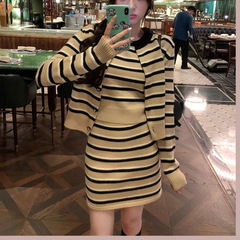 法式条纹针织开衫套装女2025秋季新款小香风开衫短群上衣三件套