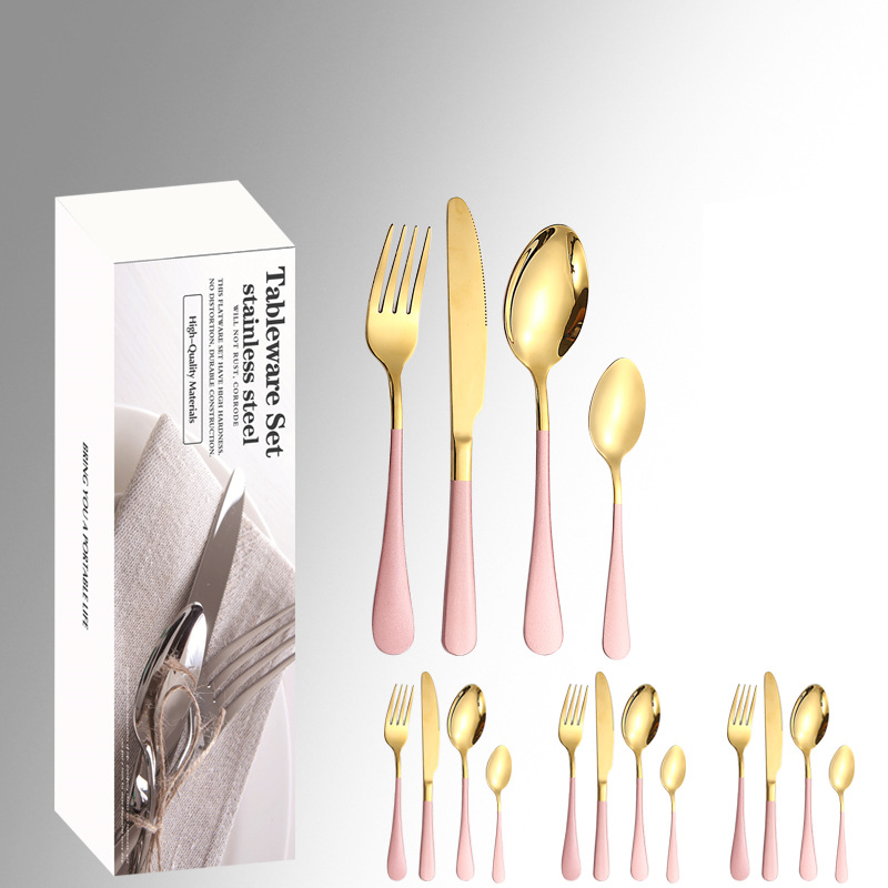 Amazon productos calientes de acero inoxidable vajilla 24 unidades traje 1010 cuatro piezas principales caja simple comida occidental cuchillo, tenedor y cuchara