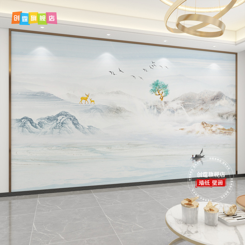 千里江山图电视背景墙壁布客厅新款中式壁纸3d立体壁画影视墙|undefined