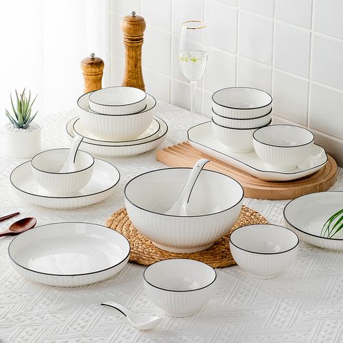 Ceramic tableware set with Yamada vertical pattern, popular household bowl and plate set, DIY tableware, freely combinable bowl and chopsticks, wholesale
