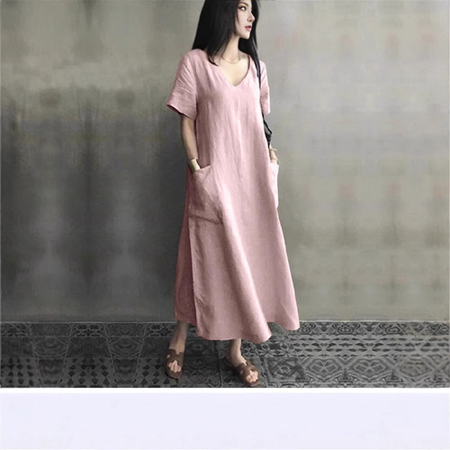 A large number of 2025 summer literary and artistic national style retro women's cotton linen V-neck large swing loose one-piece dresses