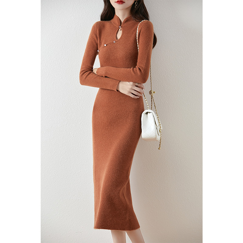 New Chinese-style Pure Wool dress Slim-fit Slim-fit Base Dress Matching Overcoat Over-knee Mid-length Knitted Cheongsam Dress