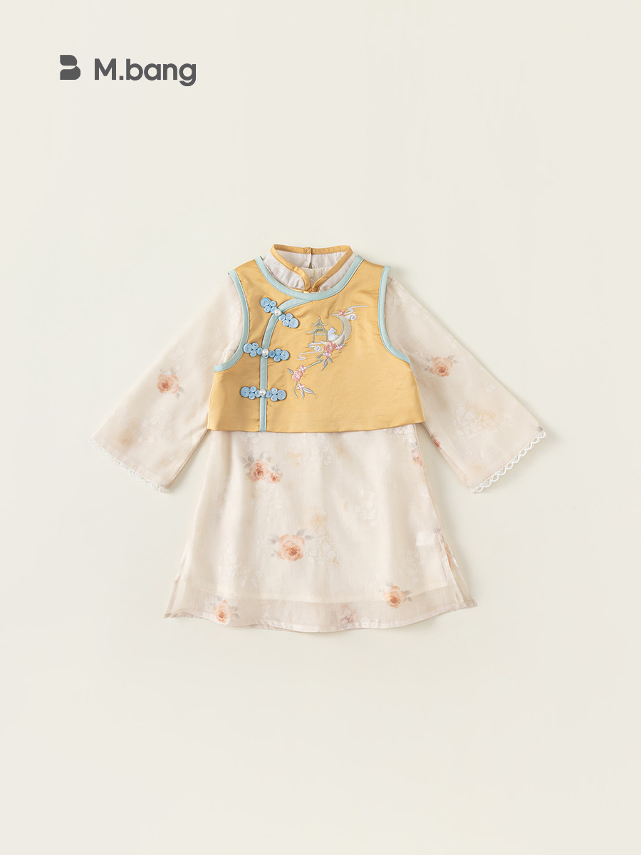 Yubao ropa para niños ropa de primavera y otoño ropa de niños chaleco de caballo cheongsam falda estilo antiguo dos juegos de ropa china