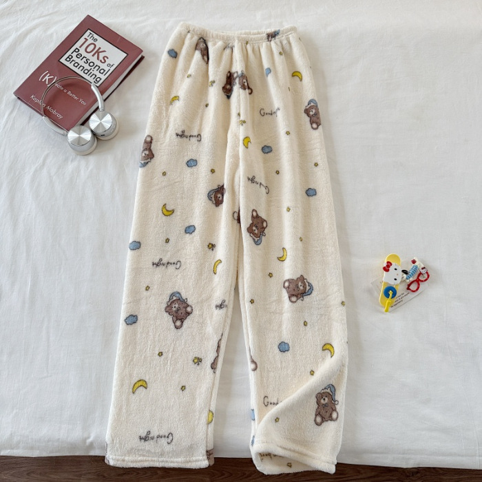 Invierno nuevo pantalones cálidos de franela estilo de caricatura coreano para mujeres más grueso y terciopelo cálido para el hogar pijamas de lana se pueden usar fuera