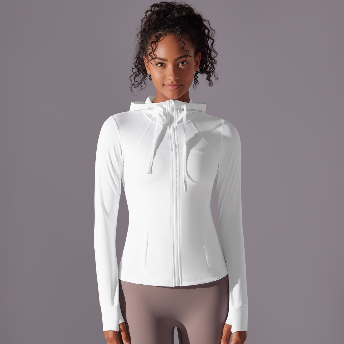 Nuevo bolsillo con cremallera de nylon de doble cara chaqueta deportiva encapuchada para correr y ejercicios yoga chaqueta de manga larga para mujeres
