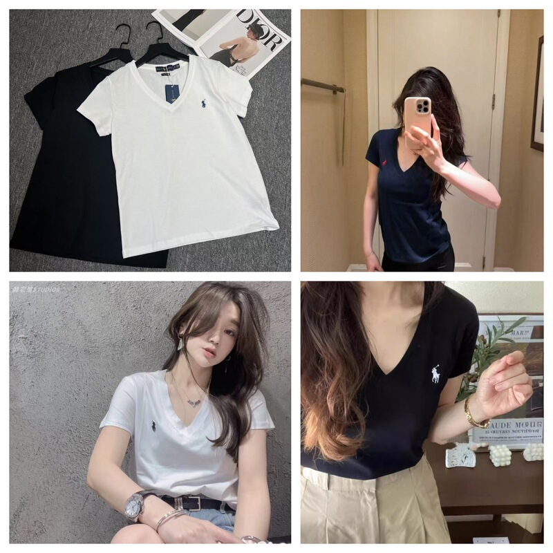Spot 2024 Spring and Summer New Style Raff Rl Pony Logo Embroidered V Neck Right Shoulder Short Sleeve Pure Cotton Simple Slim Fit