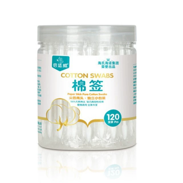 [8541] Хлопковый тампон Beiswei (заостренный круглый с двумя отдельными небольшими упаковками) 8 см * 120 палочек/банка