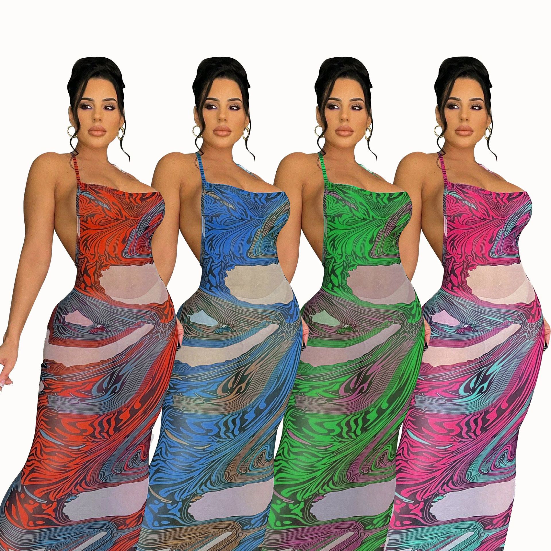 夏连衣裙F88431亚马逊热卖定位印花网纱连衣裙挂脖露背透气连衣裙