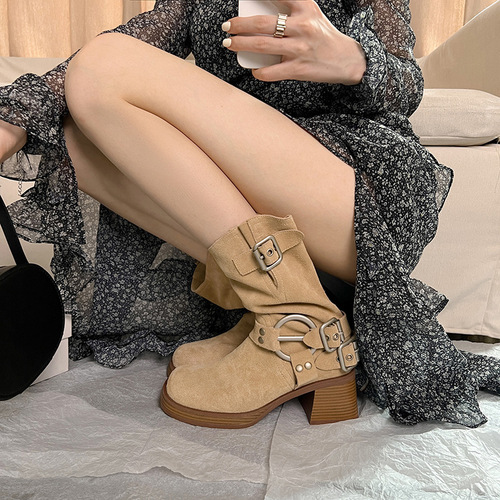 2024 New Summer Thin Western Cowboy Boots for Women, Thick Sole, Slimming Short Boots, Brown Mid-Calf Boots, Elegant Knight Boots