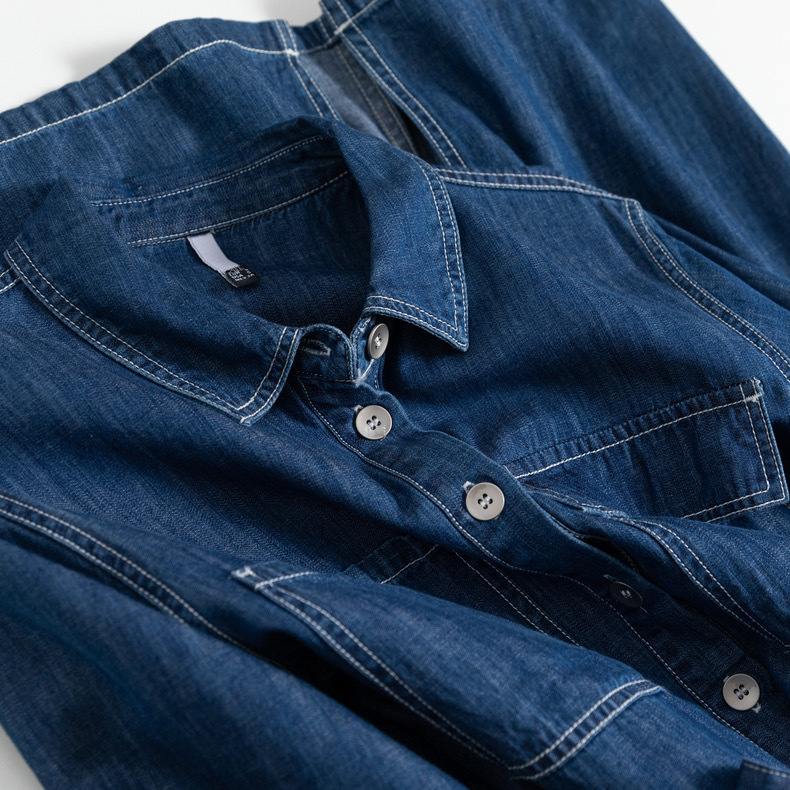 Spring and summer smooth Tencel retro topline decorative large patch pocket mid-length waist five-sleeve shirt denim dress Spring and summer smooth Tencel retro topline decorative large patch pocket mid-length waist five-sleeve shirt denim dress