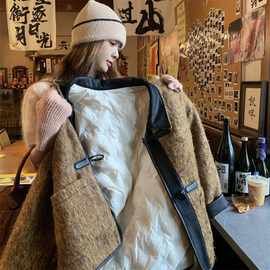 pu皮拼接牛仔羽绒服内里毛呢外套女秋冬学院风韩系呢大衣短款加厚