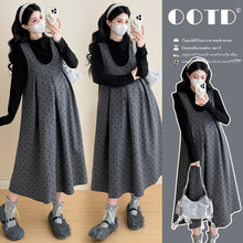 秋冬新款 2025 韩版波点中长款毛呢孕妇大码连衣裙+打底套装