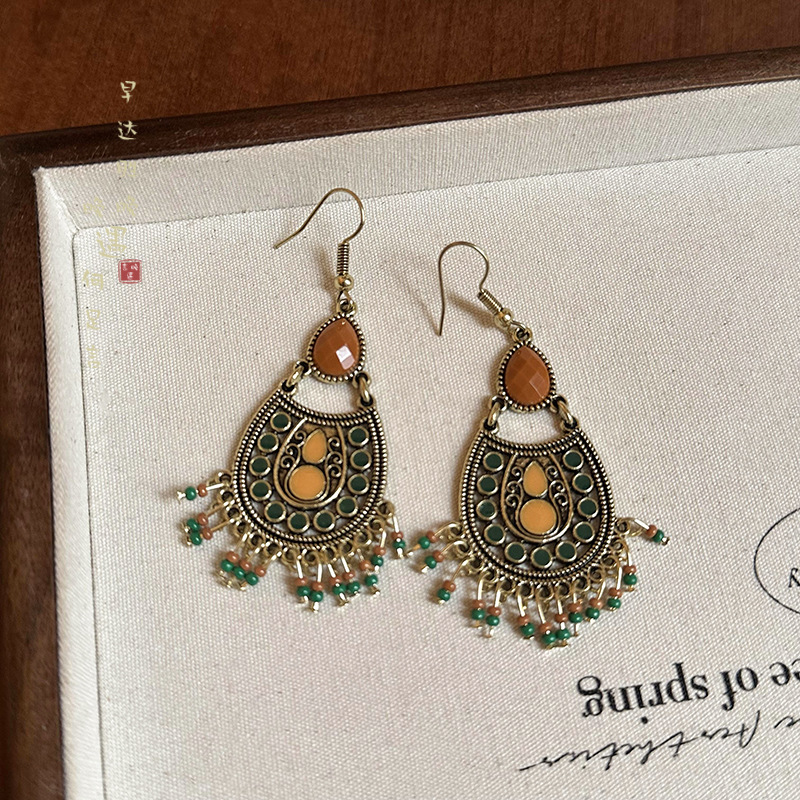 Bohemian Xiaomi Beads Tassel Pendant Earrings Women's Vintage High-end Ear Hook Square Round Face Long Unique Earrings