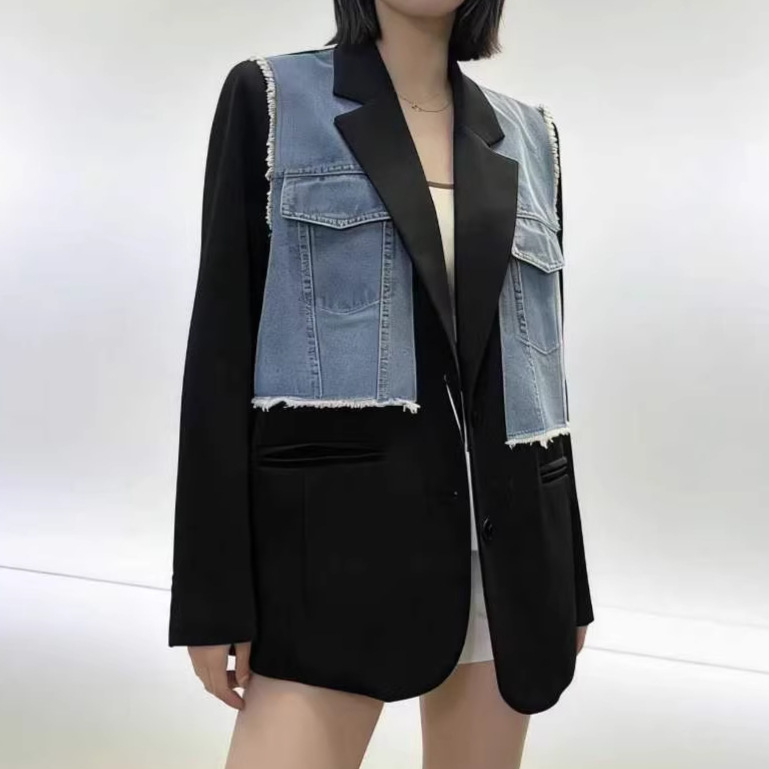 Korean-Style Retro Denim Patchwork Blazer for Women, New Spring Model, Trendy and Unique Single-Breasted Loose Versatile Top