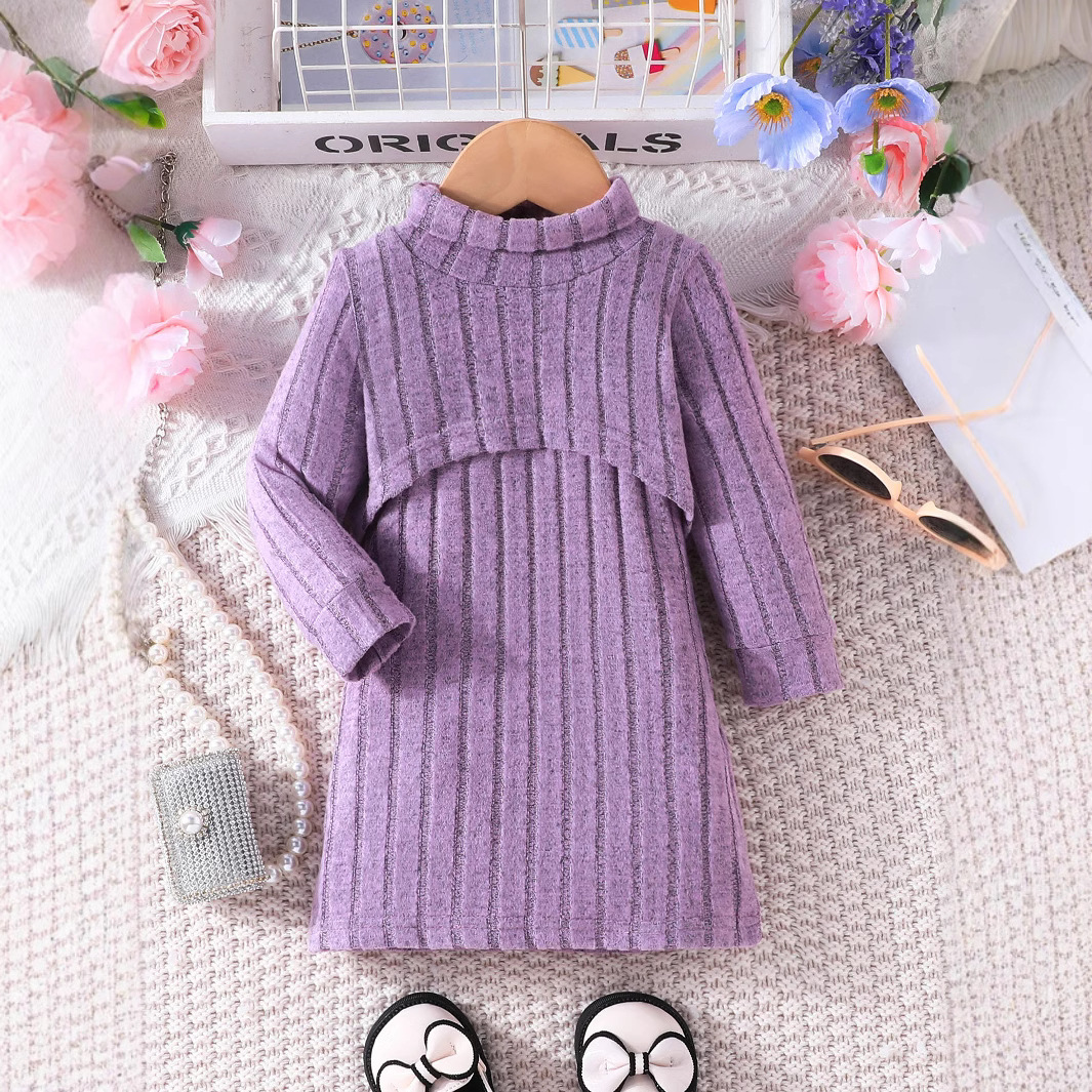 2024 Herbst/Winter Neue Mädchen Halb Stehkragen Strickhemd mit Grubenstreifen Einfarbig Langarm Top + Trägerrock Zwei_voghion.com