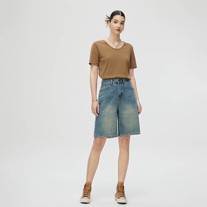 Jiye retro denim women's shorts 2026 spring-summer new style straight loose slimming wide-leg mid-length pants blue Jiye retro denim women's shorts 2026 spring-summer new style straight loose slimming wide-leg mid-length pants blue