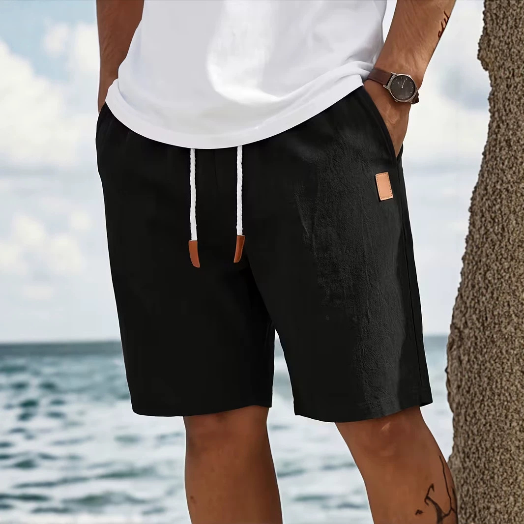 Rechte linnen strandbroek voor heren, zomerse casual sportshorts, middellange lengte met leren afwerking, losse pasvorm, vijfpuntsmodel_voghion.com