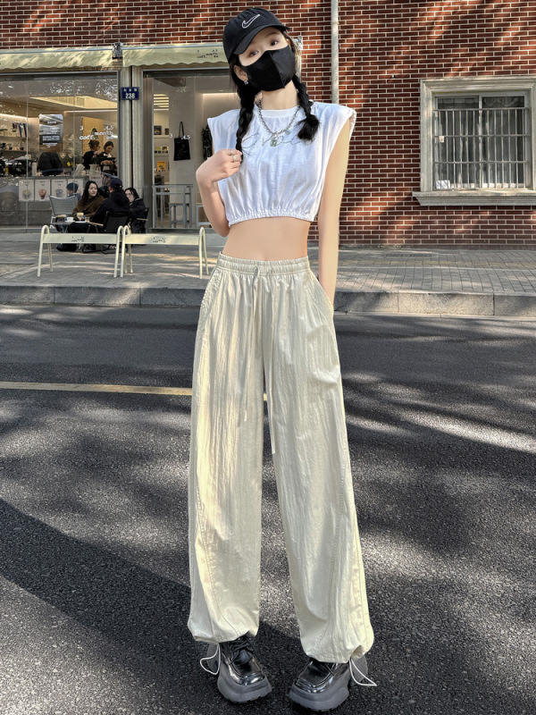蓬蓬呼吸裤女2025新款速干奶酷空气感休闲减龄阔腿抽绳束脚工装裤|undefined