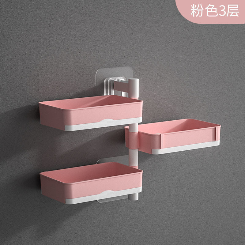 Three-tier [rotatable + drain tray + nail-free adhesive] sakura pink