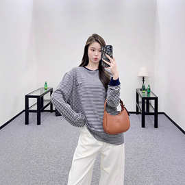 南油高端女装miu谬家徽标纯棉休闲圆领套头条纹长袖T恤上衣女氨纶