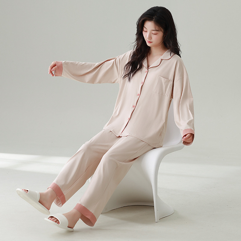잠옷 여성의 새로운 [COOL COTTON] 긴 소매 바지 세트 옷깃 가슴 패드 솔리드 컬러 편안한 외부 착용 홈 의류 세트