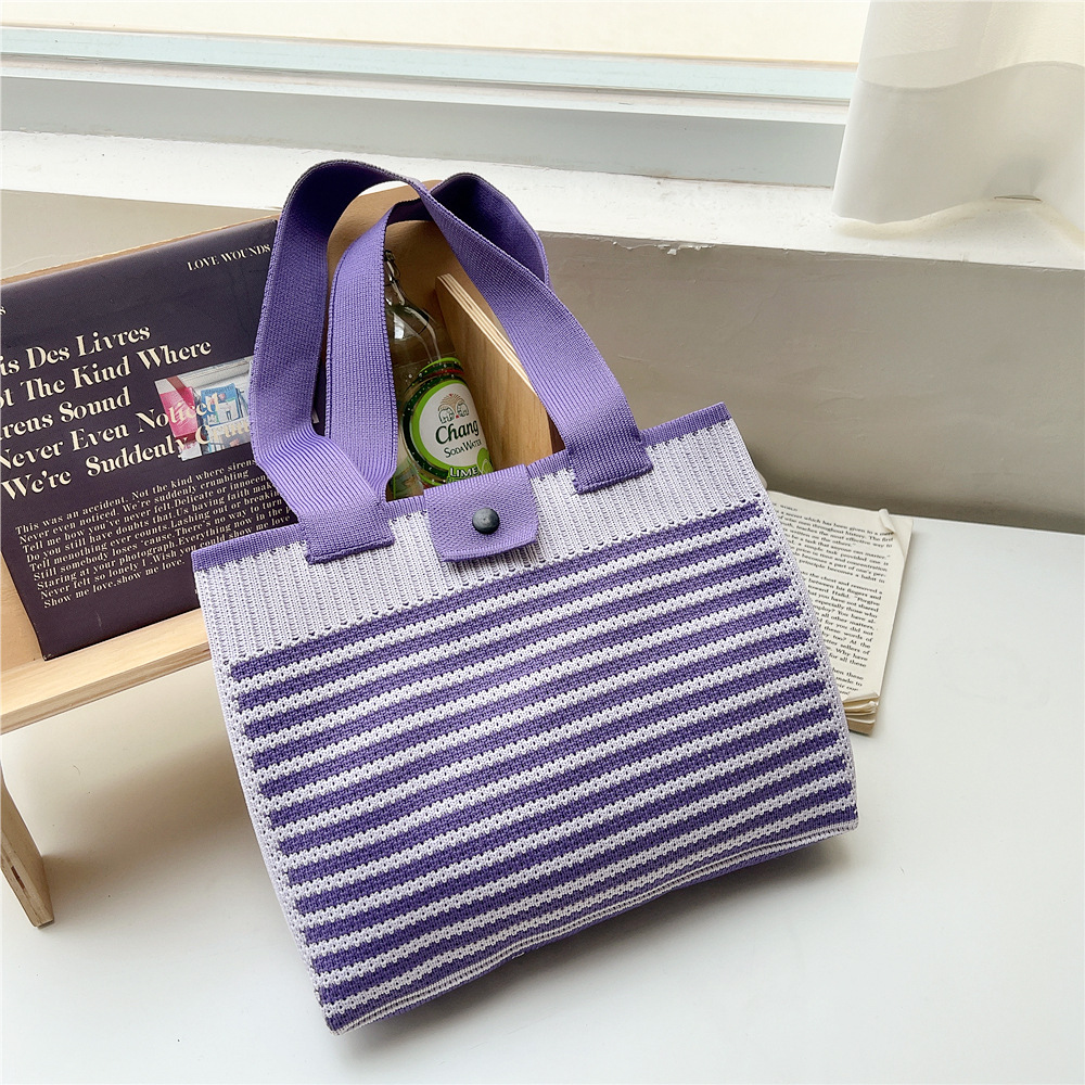 202g Weight Polyester Lining Material Buckle Closure Type Double Shoulder Straps Strap Type Tote Bag Bags Type Daily, Shopping Occasion Knit Material Stripe Pattern All Seasons Season Women's Gender Classic Style Style Medium Size Women's Medium Knit Stripe Classic Style Buckle Tote Bag 12