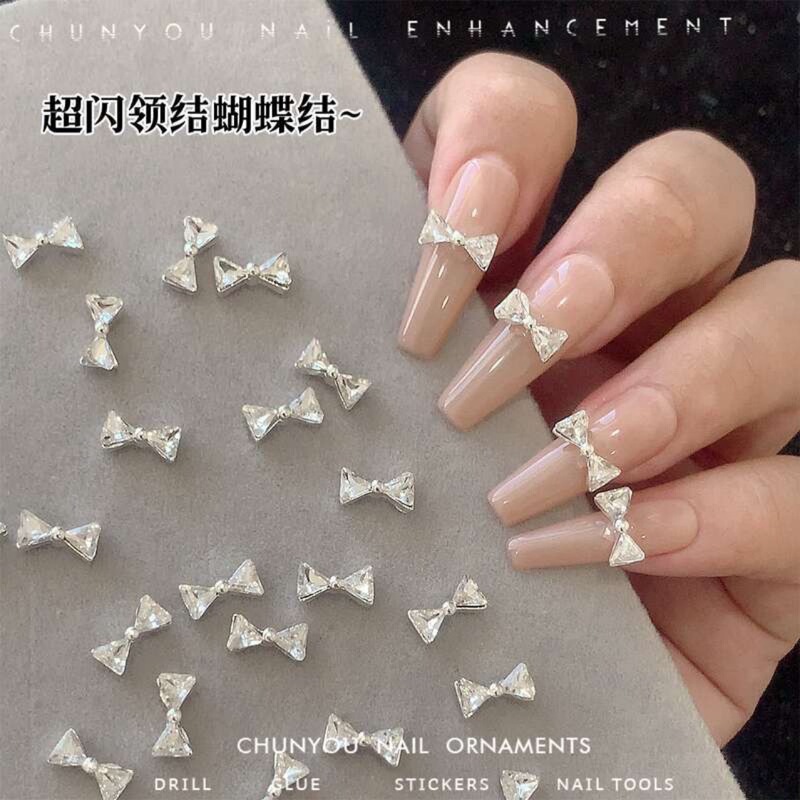 Trendy Popular Bow Tie Heart Bow Nail Art Rhinestone Simple Versatile Shiny Silver Super Flash Nail Decoration Accessories