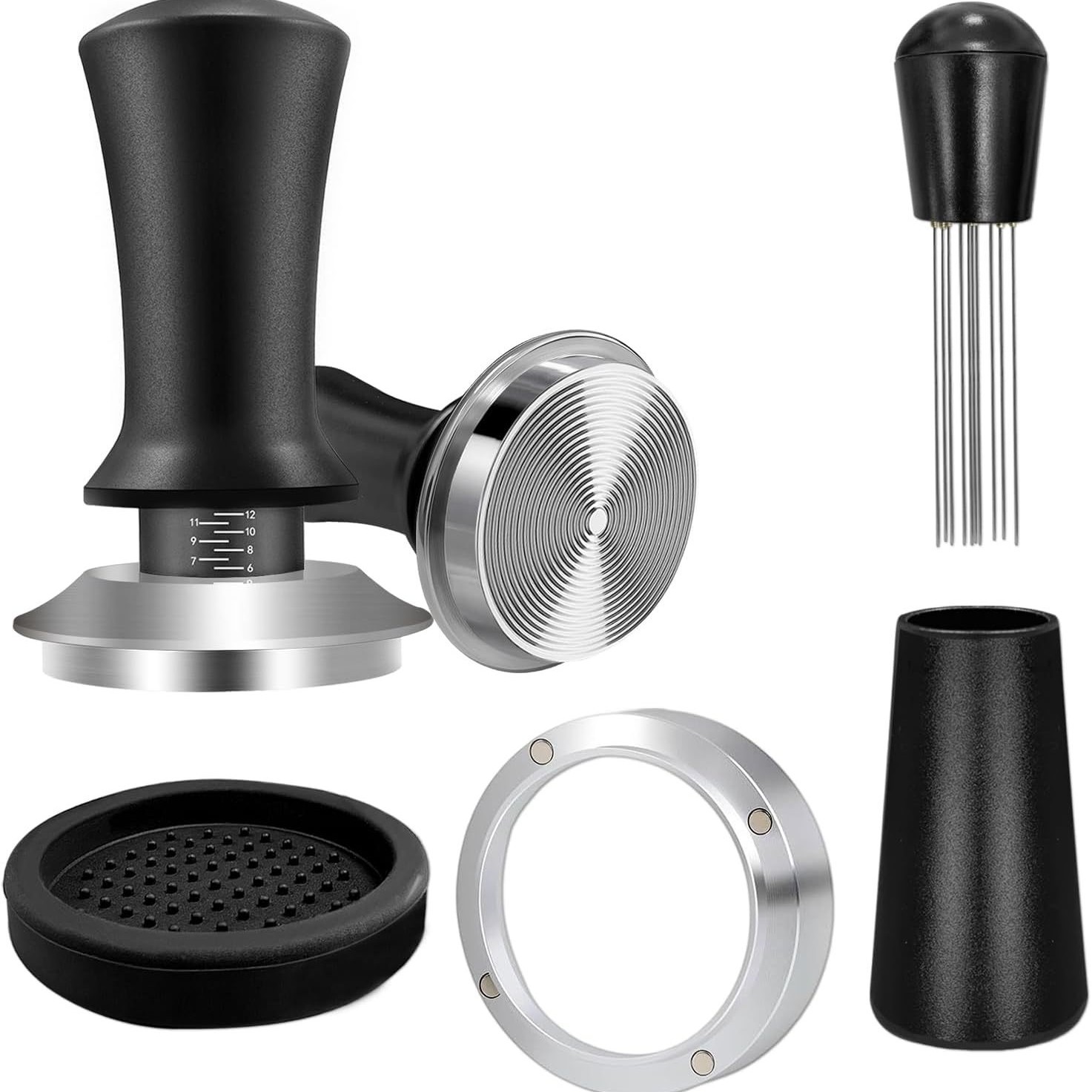 Amazon 304 acero inoxidable set de utensilios de café prensador de polvo de fuerza constante set de cuatro piezas de anillo de polvo