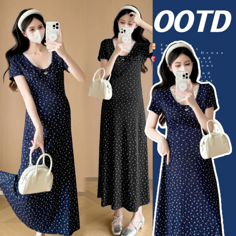 2025 Lace V Neck Knitted Maternity Dress Summer New Style Floral Large Hem Short-Sleeved Design Long Skirt