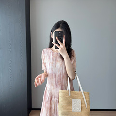 ミートシスターズの天菜～フレンチジェントルプリントロングスカートレディースグラデーションスマッジ半袖ワンピース夏G051527