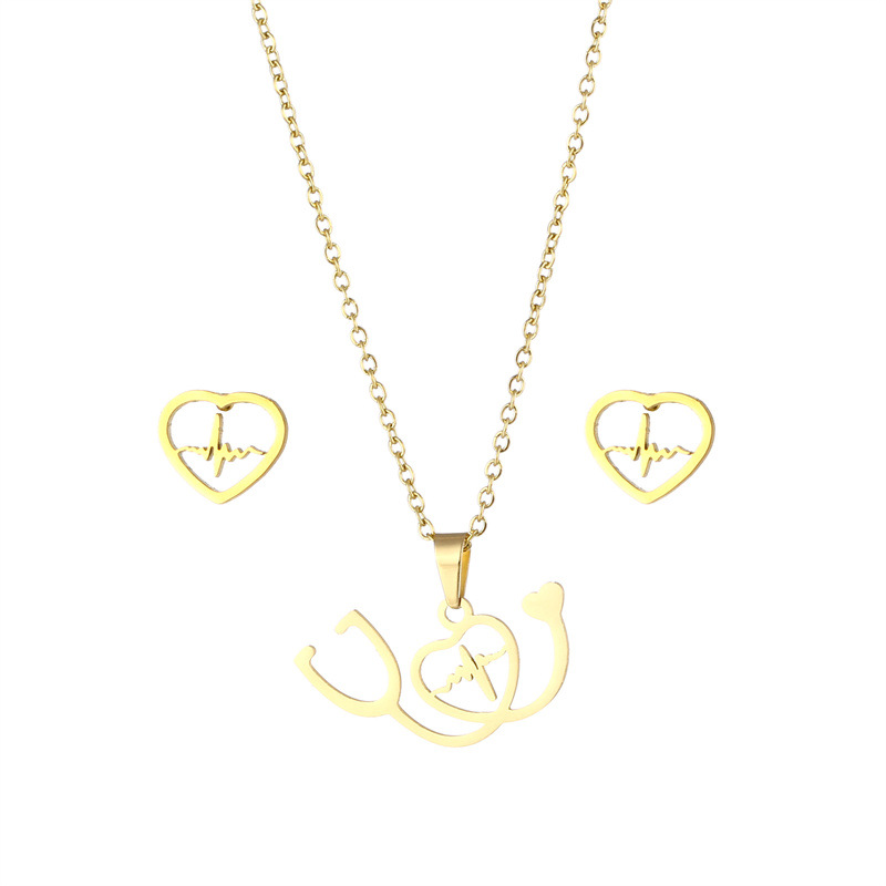 Simple Style Heart Shape Stainless Steel Earrings Necklace 1 Set