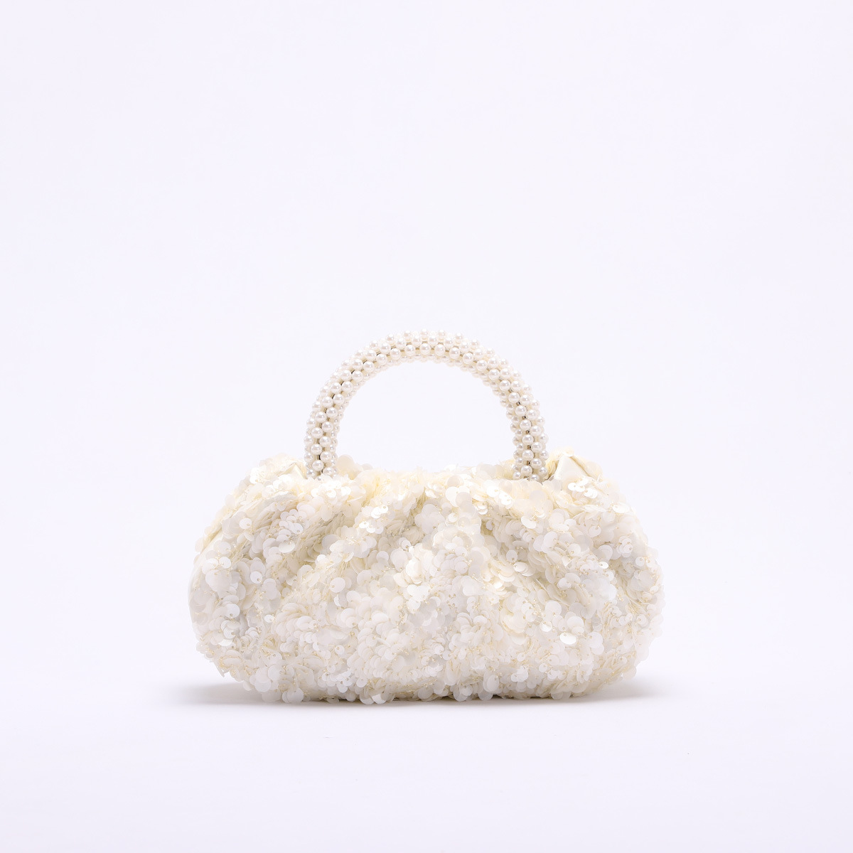 Circular Wooden Handle Bamboo Knot Bag With Floral Embroidery, Vacation Style Women's Handbag, Pearl And Sequin Evening Bag - Thumbnail 6