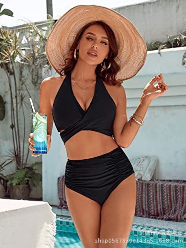 Bikini de Cintura Alta con Halter Set de 2 Piezas de Poliéster para Natación
