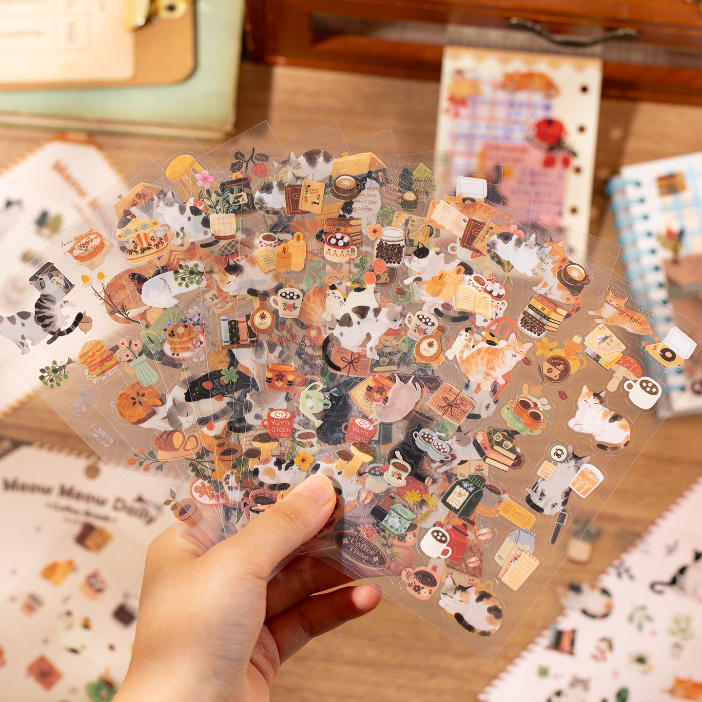 Pegatinas de ocio, notas de gato, lindo material impermeable de todo fósforo, tarjeta de taza de agua, collage de decoración de bricolaje