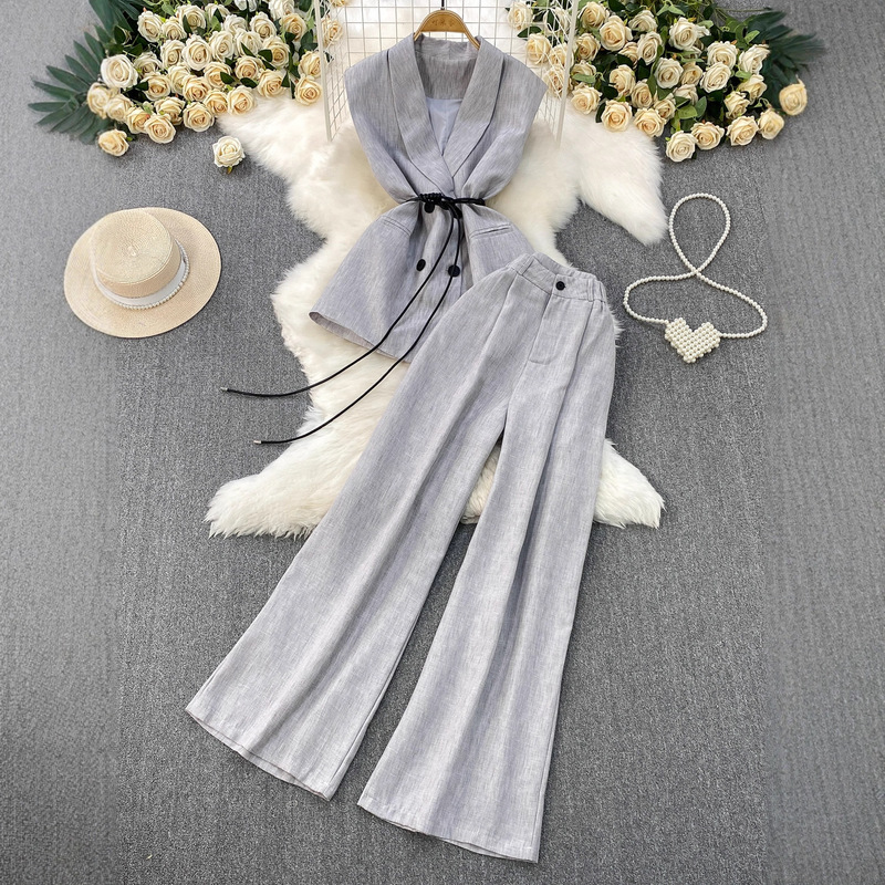 High-End Gray Suit for Foreign Trade with V-Neck Double-Breasted Vest, Sleeveless Corset Top + High-Waisted Slim-Fit Wide-Leg Pants