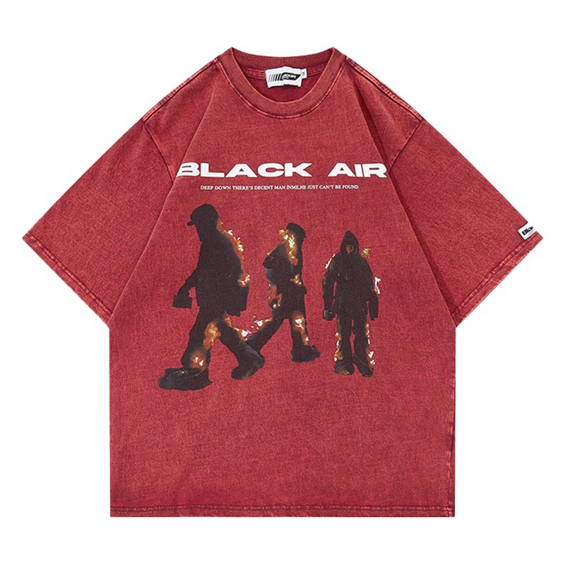 BLACKAIR American Street retro marca de moda de los hombres lavados apenada llama pareja impresa de manga corta Camiseta de los hombres y las mujeres