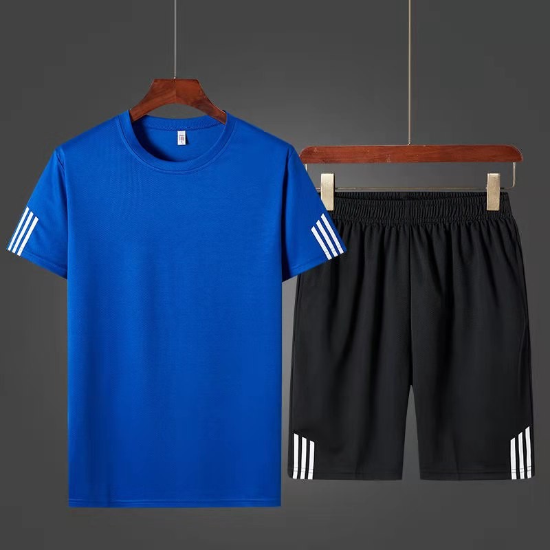 Traje deportivo transfronterizo de verano de secado rápido para hombre, conjunto de pantalón corto y camiseta de manga corta, traje de tres rayas personalizado para comercio exterior, conjunto de dos piezas de talla grande para hombre