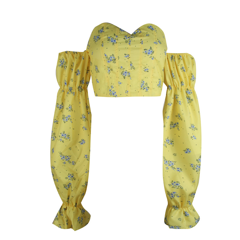 Floral Print Off-Shoulder Top Women's French Style Sweet Flared Unique Fit Collarbone Length Fitted Sleeves_ecoleips.com