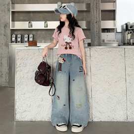 牛仔裤两件套可爱卡通女中童夏季新款洋气儿童短袖上衣牛仔裤套装