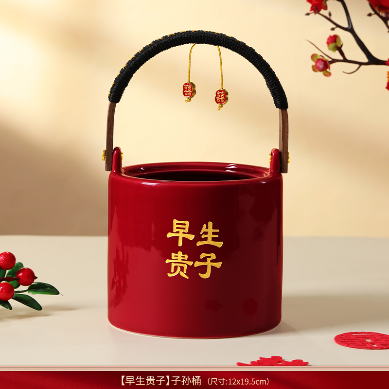 结婚子孙桶一对女方陪嫁妆用品大全娘家婚庆红色喜桶宝桶装饰摆件|undefined